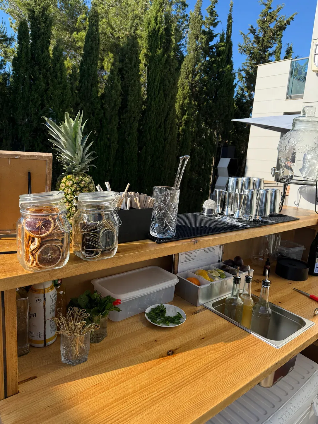 The Kibou mobile bar prepared with fresh garnishes and tools