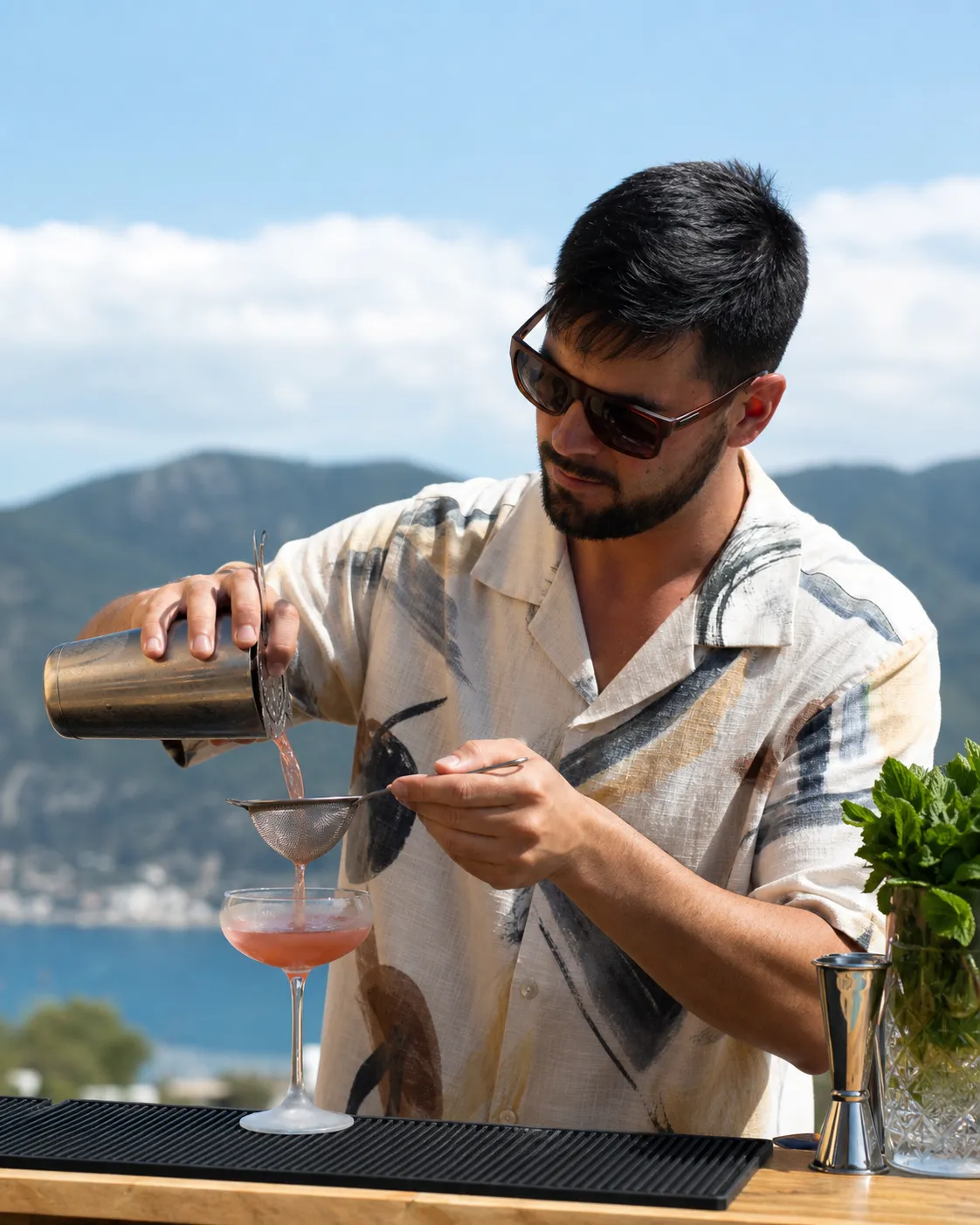 Un bartender de Kibou colando un cóctel en una copa con el mar de fondo